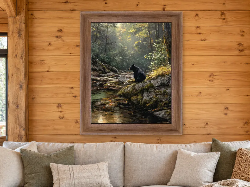 Wandering Musing Black Bear Framed Wall Art framed on a wall