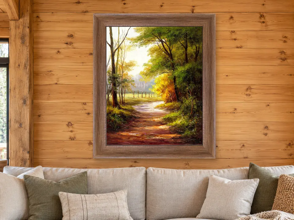 Still Tranquility Country Road Framed Wall Art framed on a wall