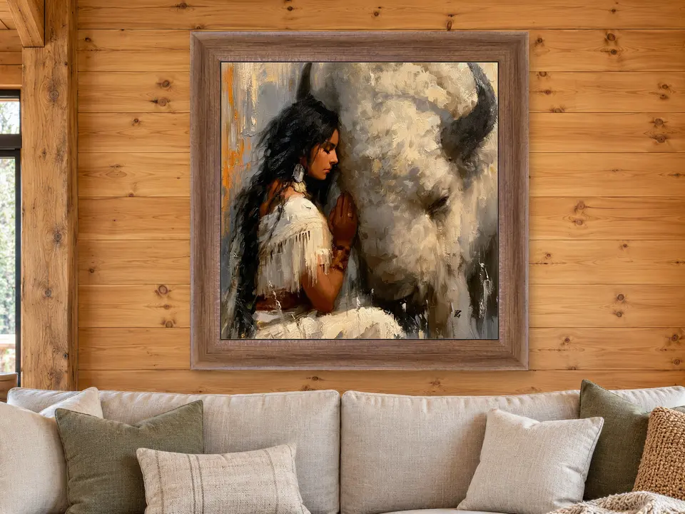 Soft Impression Bison Companion Portrait Framed Wall Art framed on a wall