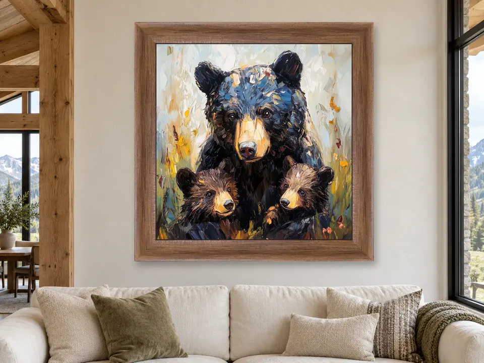 Peaceful Awakening Black Bear Framed Wall Art framed on a wall