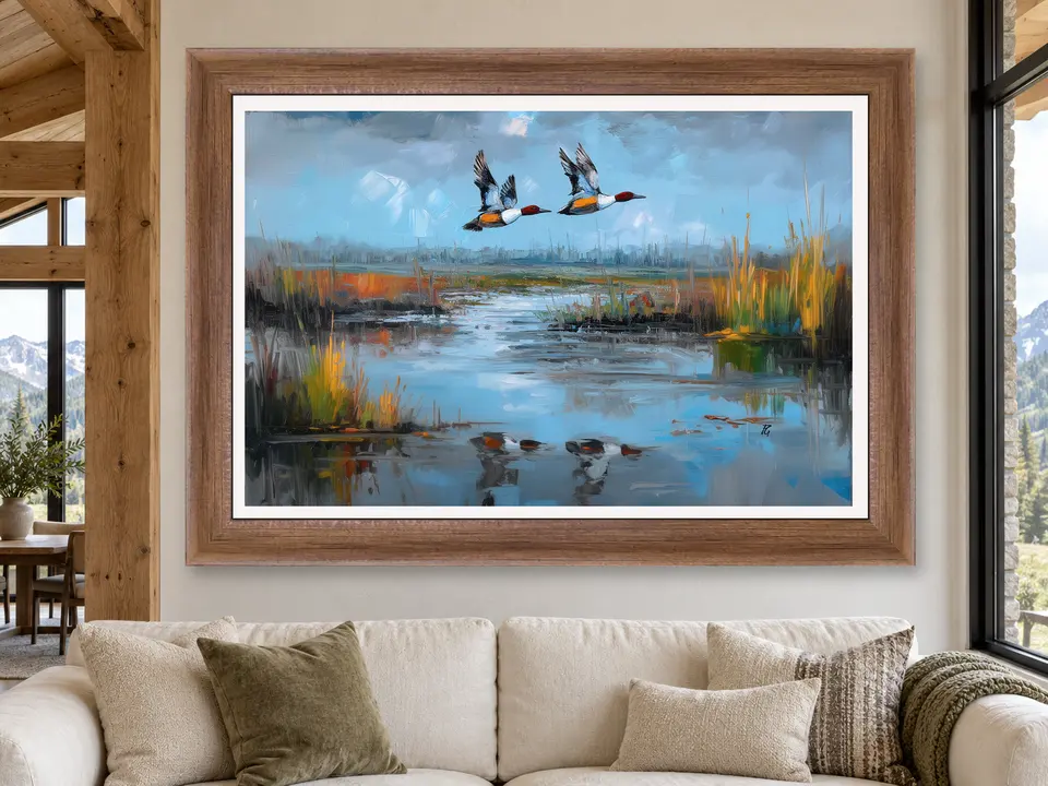 Hidden Solitude Pintail Ducks Framed Wall Art framed on a wall
