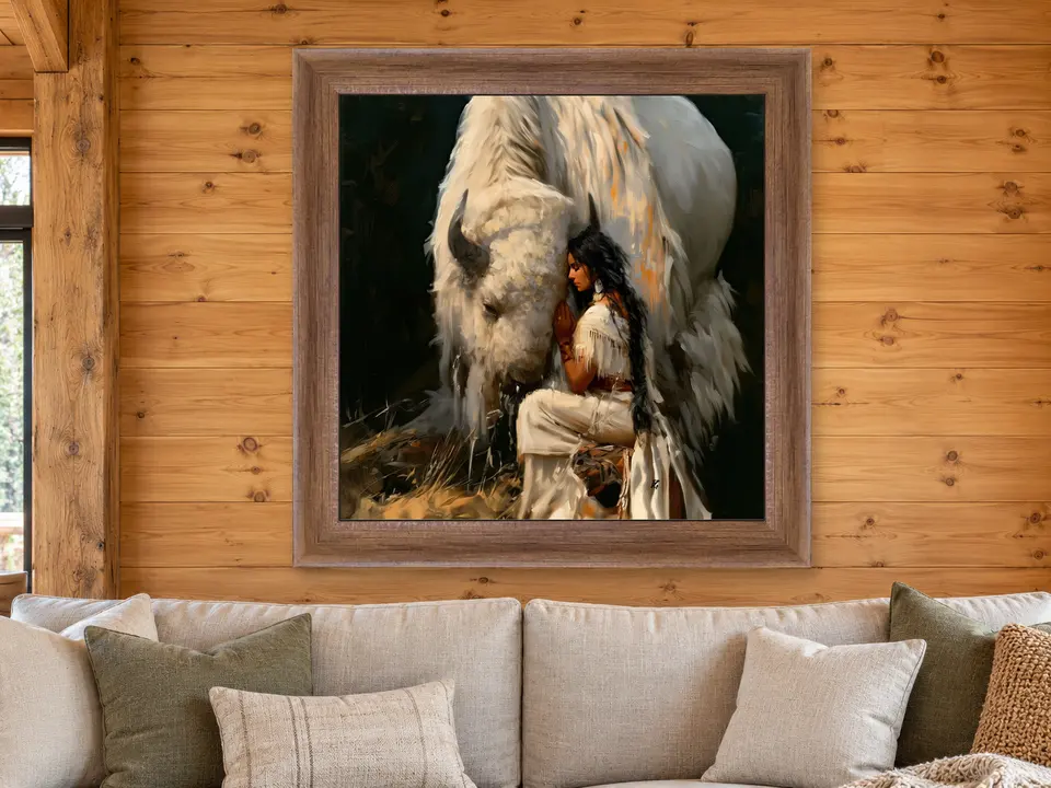 Open Tranquility Bison Companion Portrait Framed Wall Art framed on a wall
