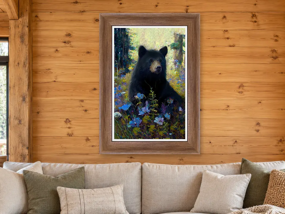 Quiet Breeze Black Bear Framed Wall Art framed on a wall