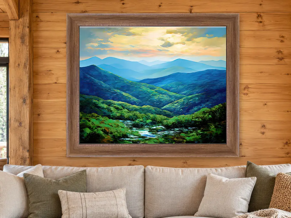 Gentle Vista Mountain Landscape Framed Wall Art framed on a wall