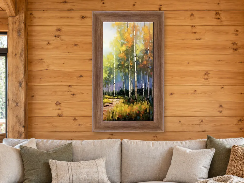Peaceful Elegance Birch Woodland Framed Wall Art framed on a wall