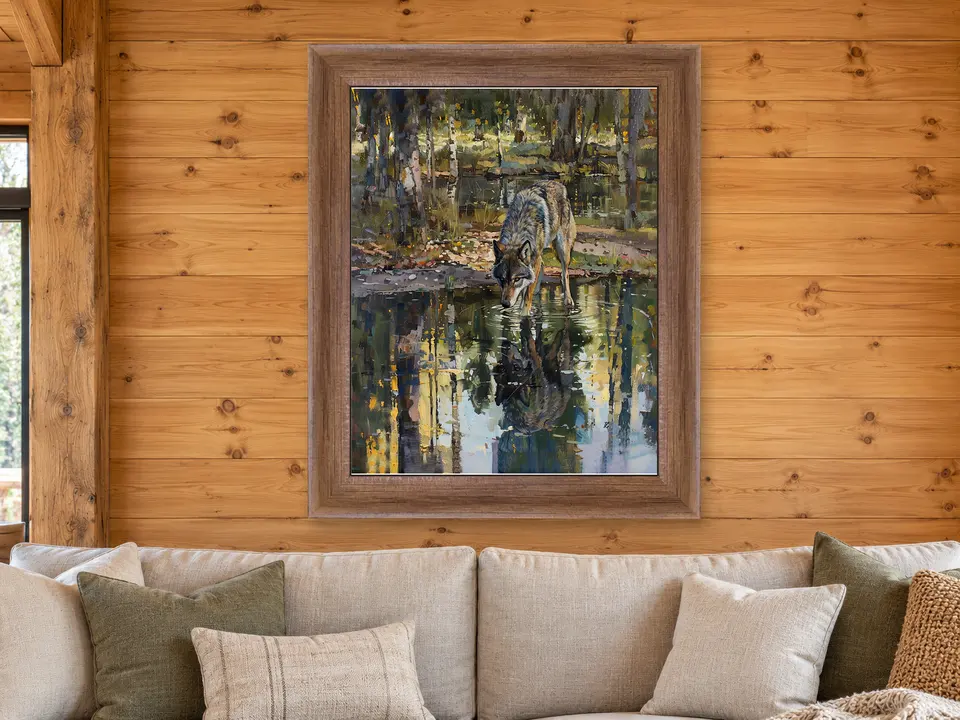 Calm Stillness Wolf Framed Wall Art framed on a wall