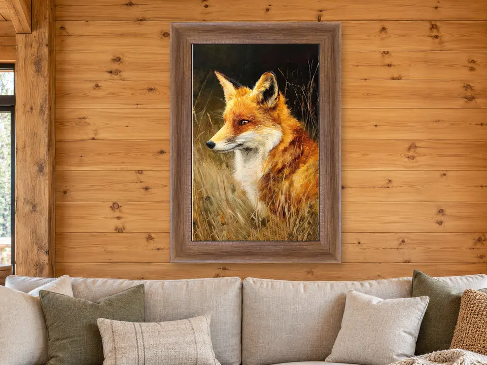 Calm Repose Red Fox Framed Wall Art framed on a wall