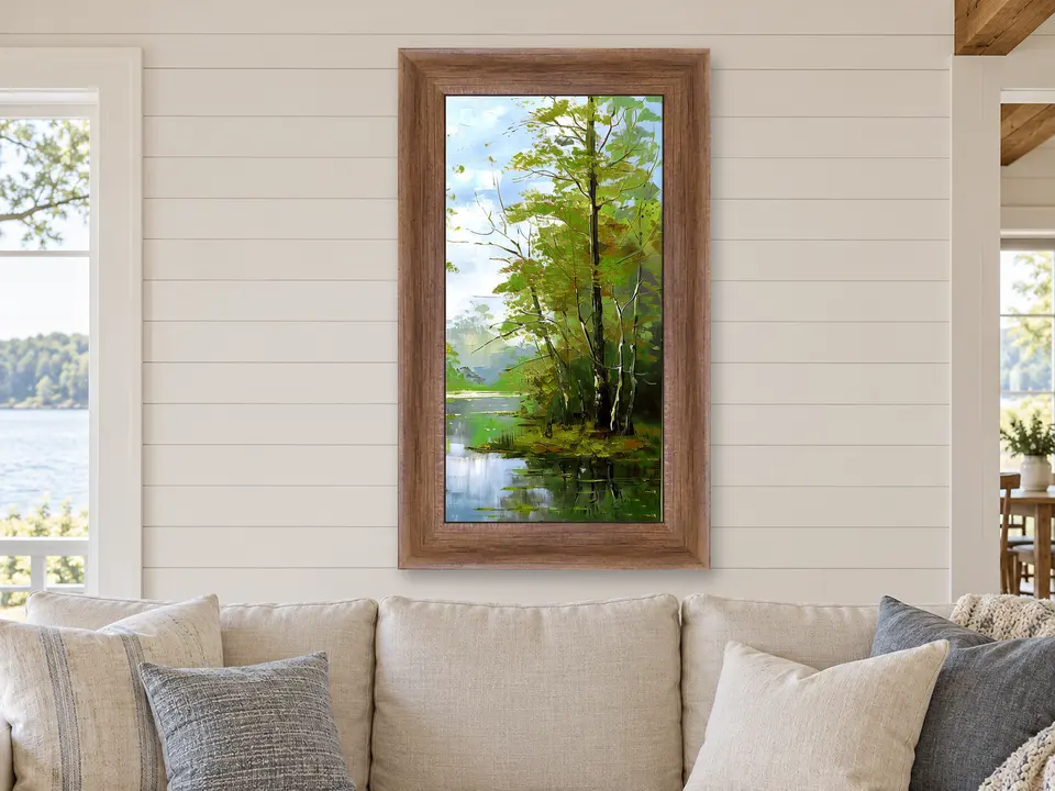 Wistful Daydream Pond Landscape Framed Wall Art framed on a wall