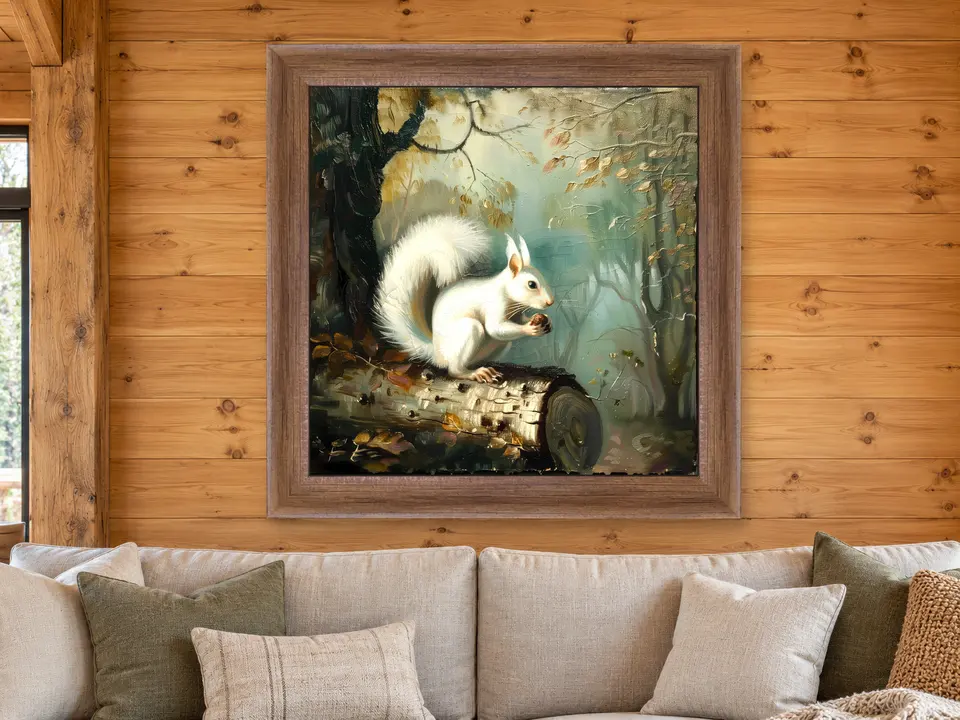 Timeless Reflection White Squirrel Framed Wall Art framed on a wall