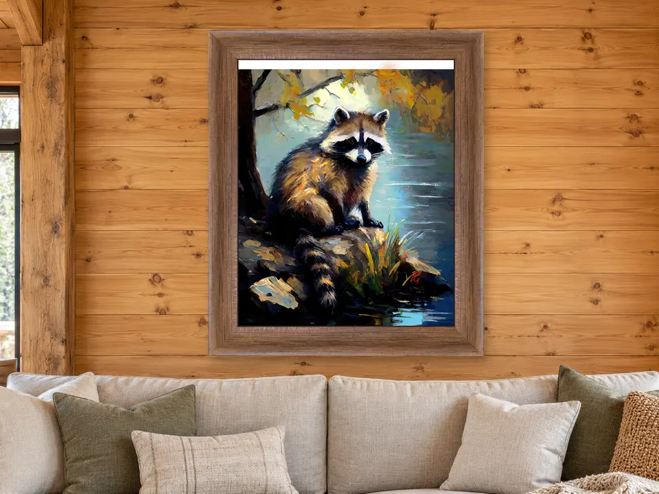 Distant Moment Raccoon Framed Wall Art framed on a wall