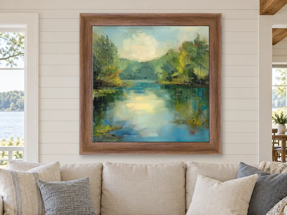 Distant Legacy Lake Landscape Framed Wall Art framed on a wall
