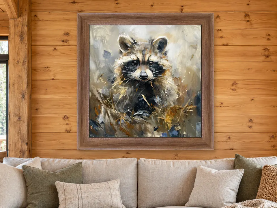 Distant Spirit Raccoon Framed Wall Art framed on a wall