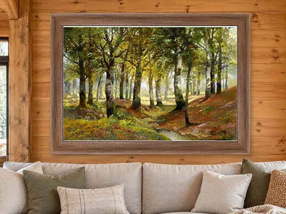 Soft Musing Woodland Path Framed Wall Art framed on a wall