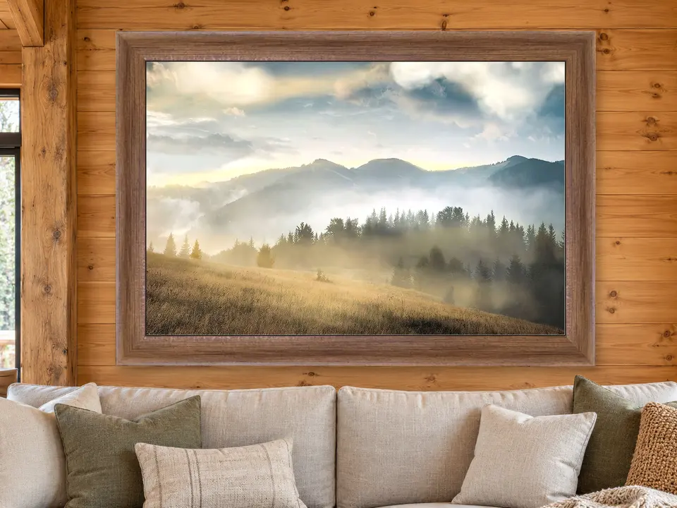 Soft Harmony Mountain Landscape Framed Wall Art framed on a wall