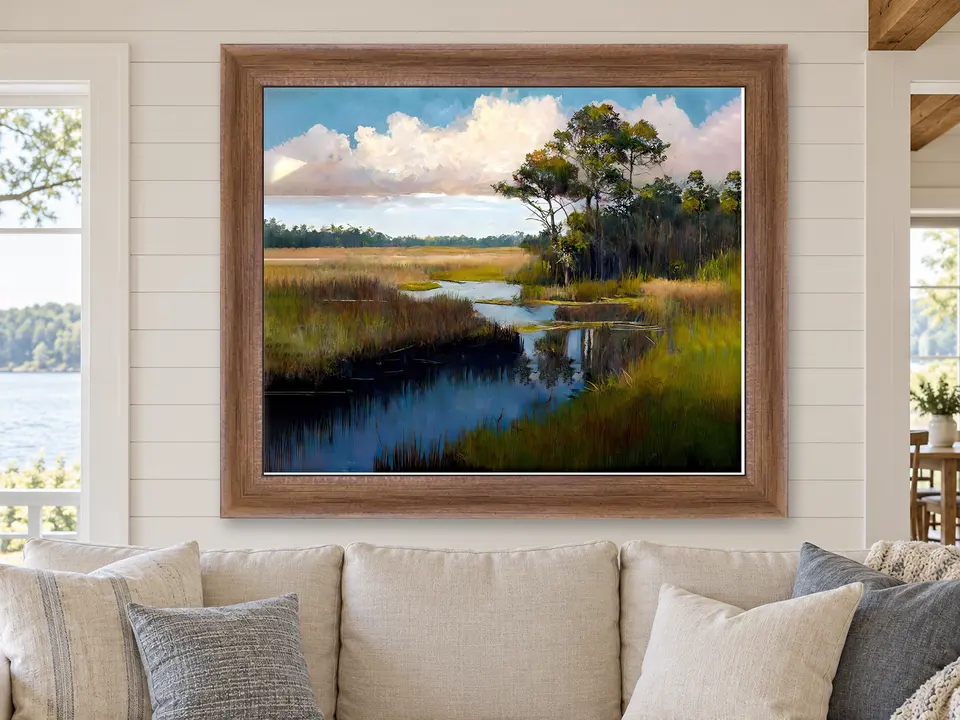 Gentle Awakening Marsh Landscape Framed Wall Art framed on a wall