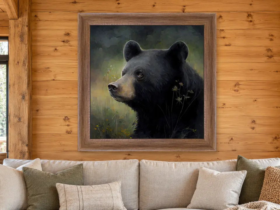 Quiet Reflection Black Bear Framed Wall Art framed on a wall