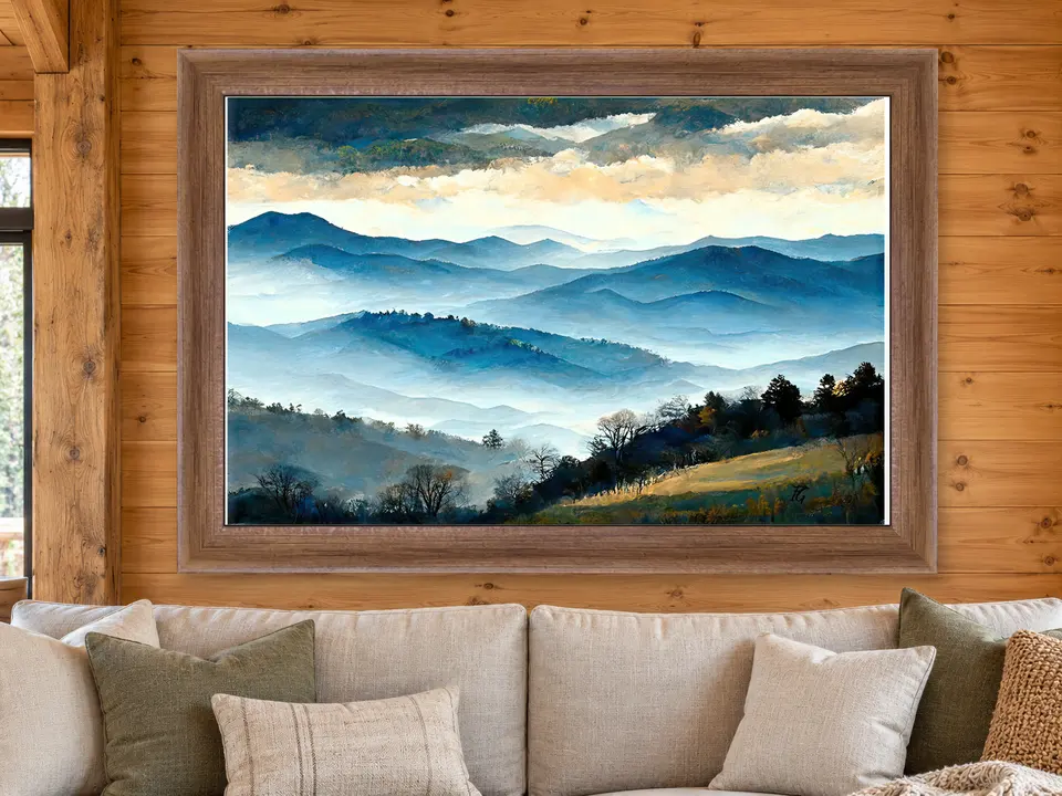 Tender Perspective Mountain Landscape Framed Wall Art framed on a wall