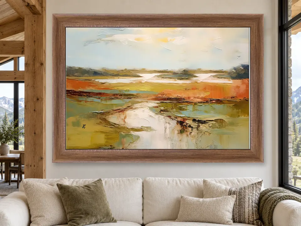 Peaceful Harmony Abstract Landscape Framed Wall Art framed on a wall