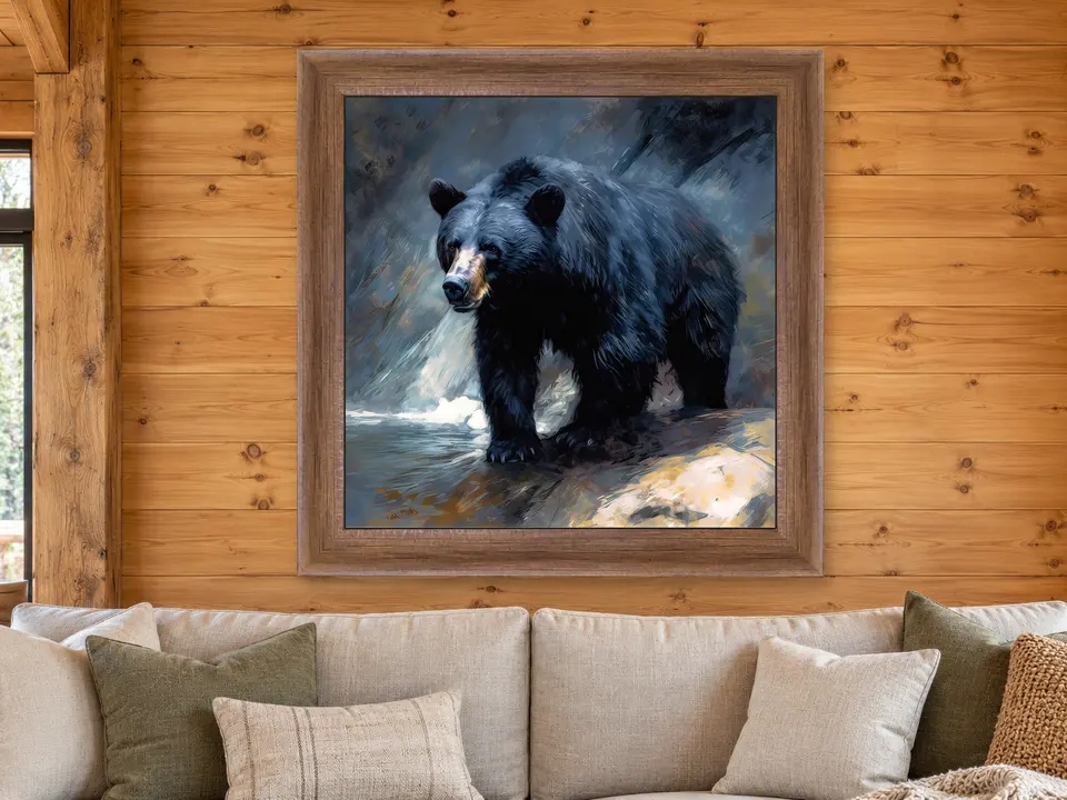 Gentle Musing Black Bear Framed Wall Art framed on a wall