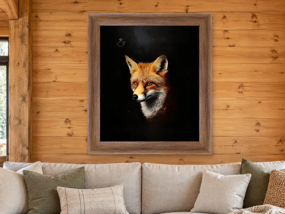 Gentle Pause Red Fox Framed Wall Art framed on a wall