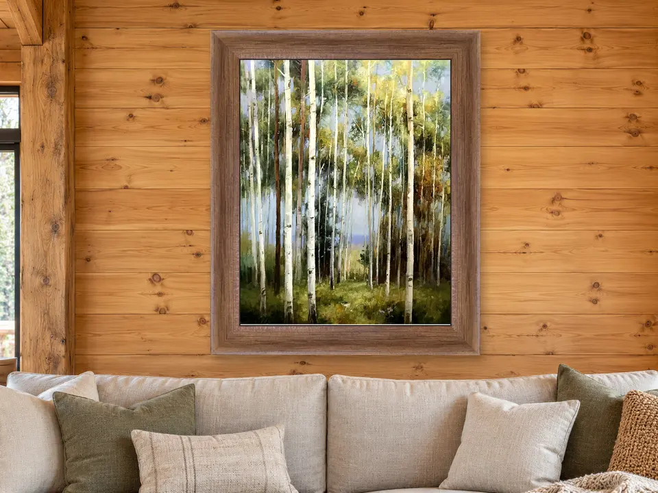 Wandering Reverie Birch Woodland Framed Wall Art framed on a wall