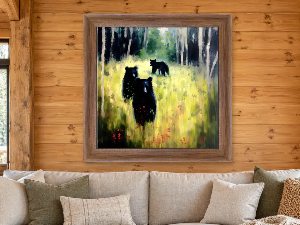 Open Wonder Black Bear Framed Wall Art framed on a wall