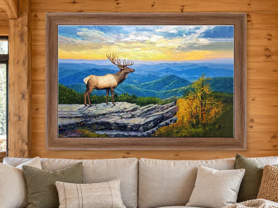 Still Muse Elk Framed Wall Art framed on a wall