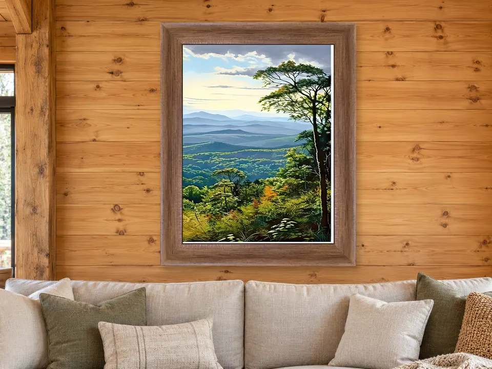 Distant Daydream Mountain Landscape Framed Wall Art framed on a wall
