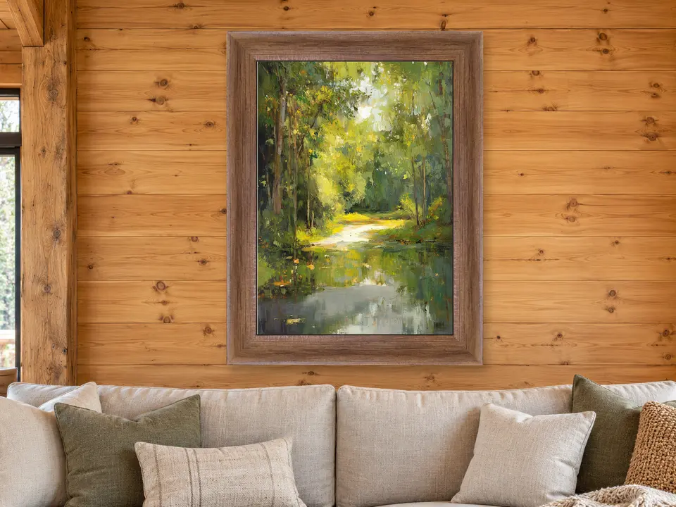 Sunlit Woodland Creek Framed Wall Art framed on a wall
