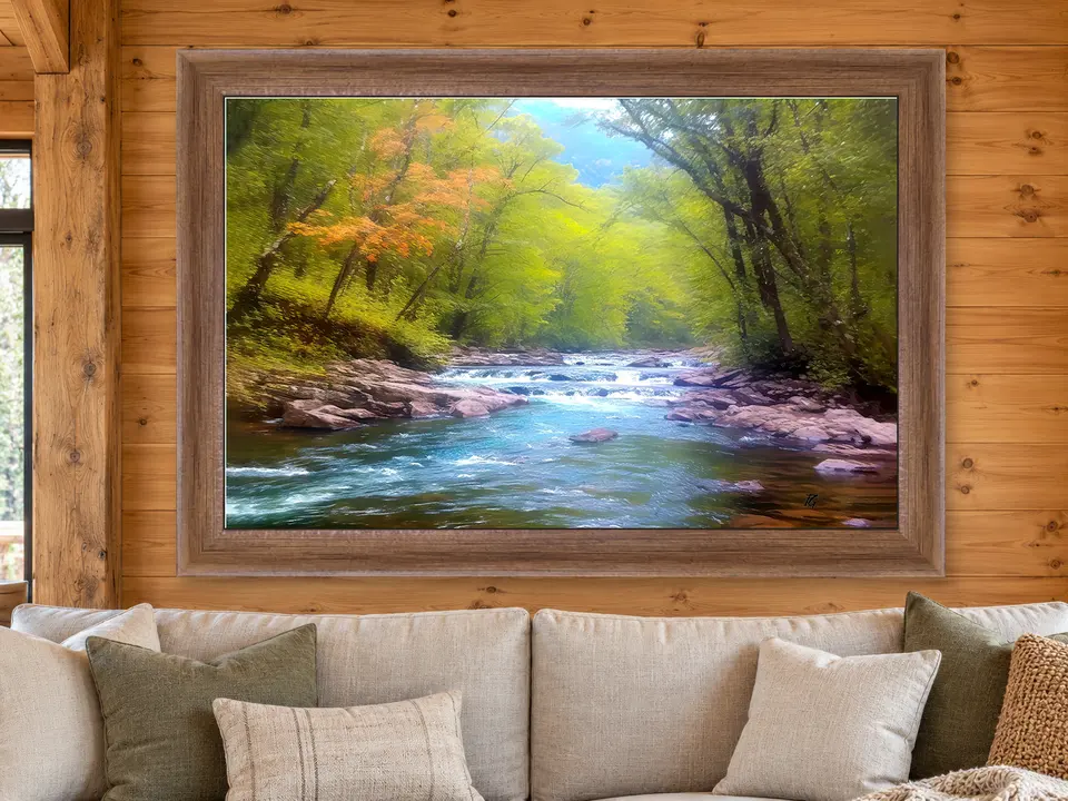 Open Stillness Mountain Landscape Framed Wall Art framed on a wall