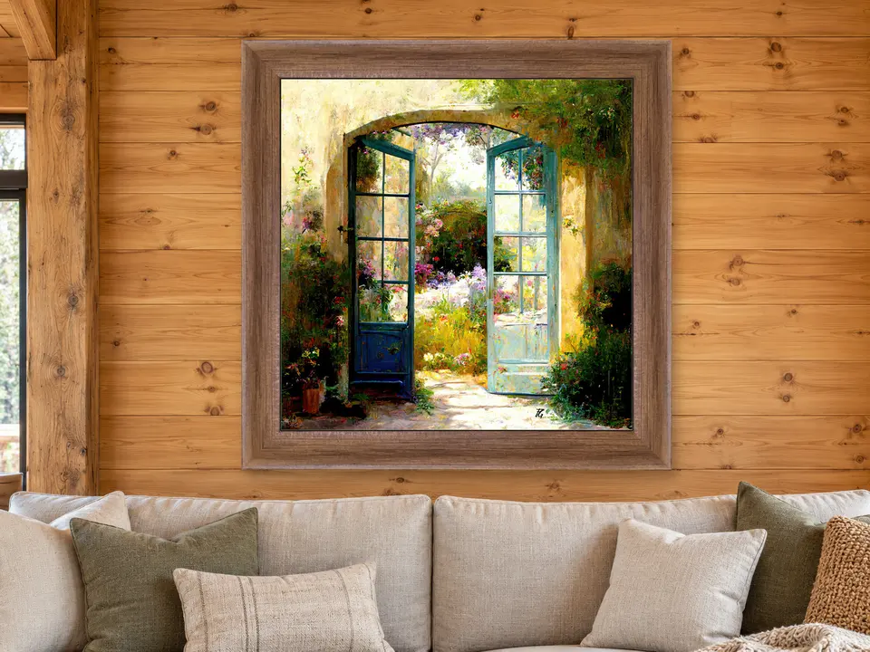 Enduring Impression Garden Doorway Framed Wall Art framed on a wall