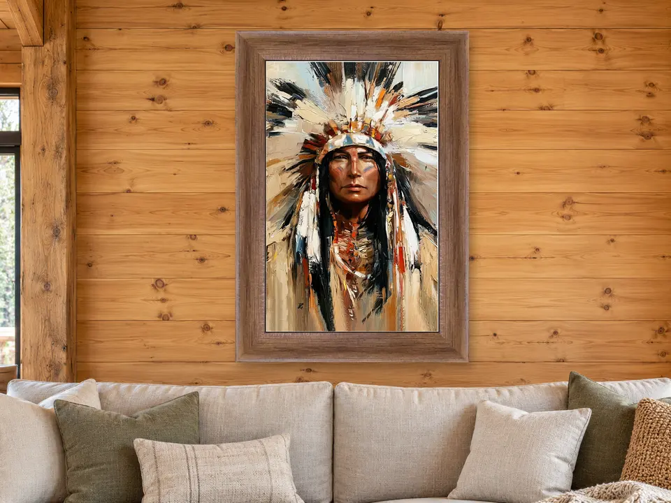 Wandering Echo Feathered Headdress Portrait Framed Wall Art framed on a wall