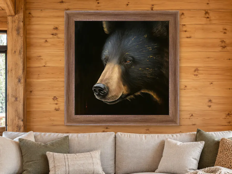 Gentle Reflection Black Bear Framed Wall Art framed on a wall