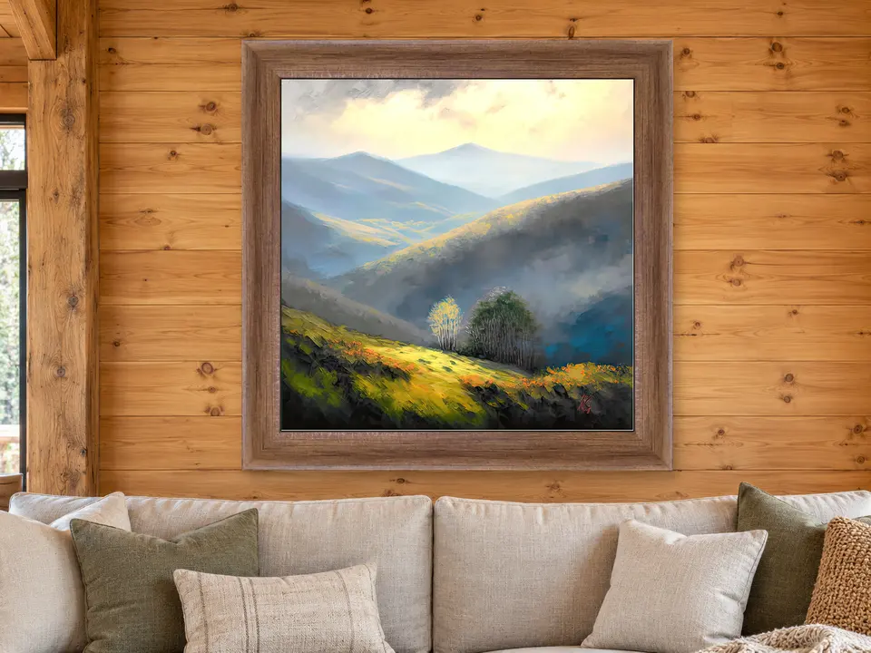 Silent Solitude Mountain Landscape Framed Wall Art framed on a wall