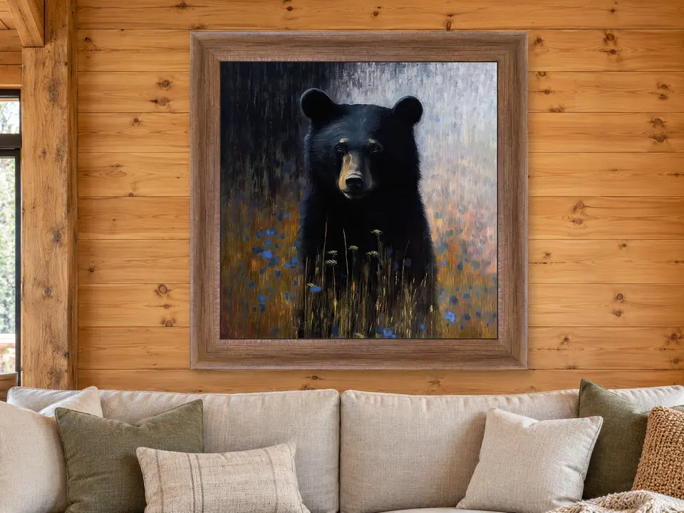 Wistful Horizon Black Bear Framed Wall Art framed on a wall