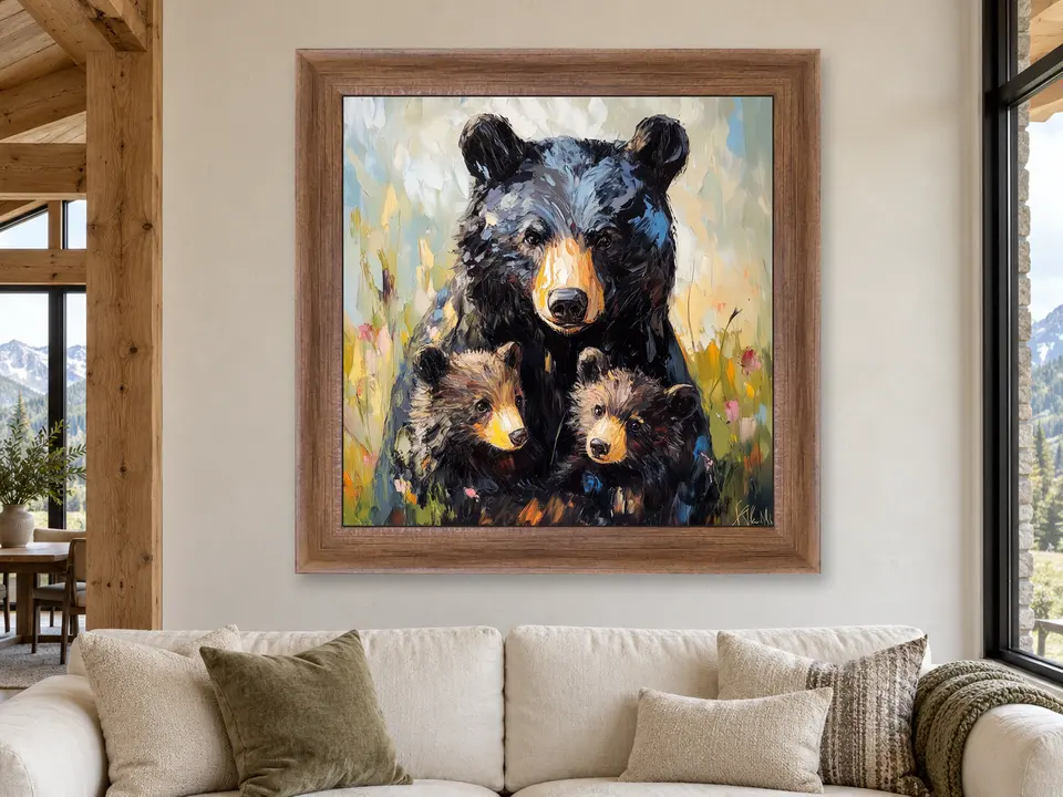 Quiet Musing Black Bear Framed Wall Art framed on a wall