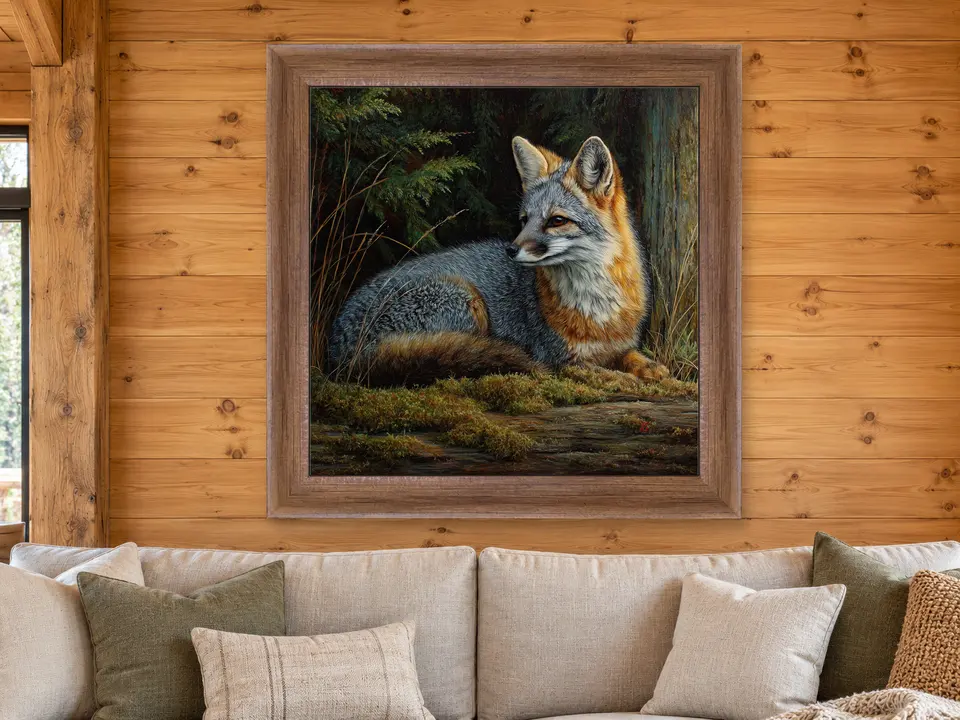 Hidden Reflection Gray Fox Framed Wall Art framed on a wall