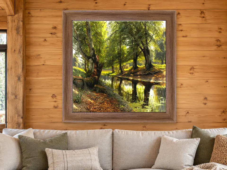 Calm Musing Tree Landscape Framed Wall Art framed on a wall