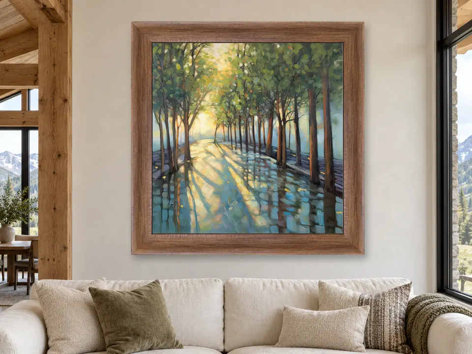 Enduring Serenity River Landscape Framed Wall Art framed on a wall