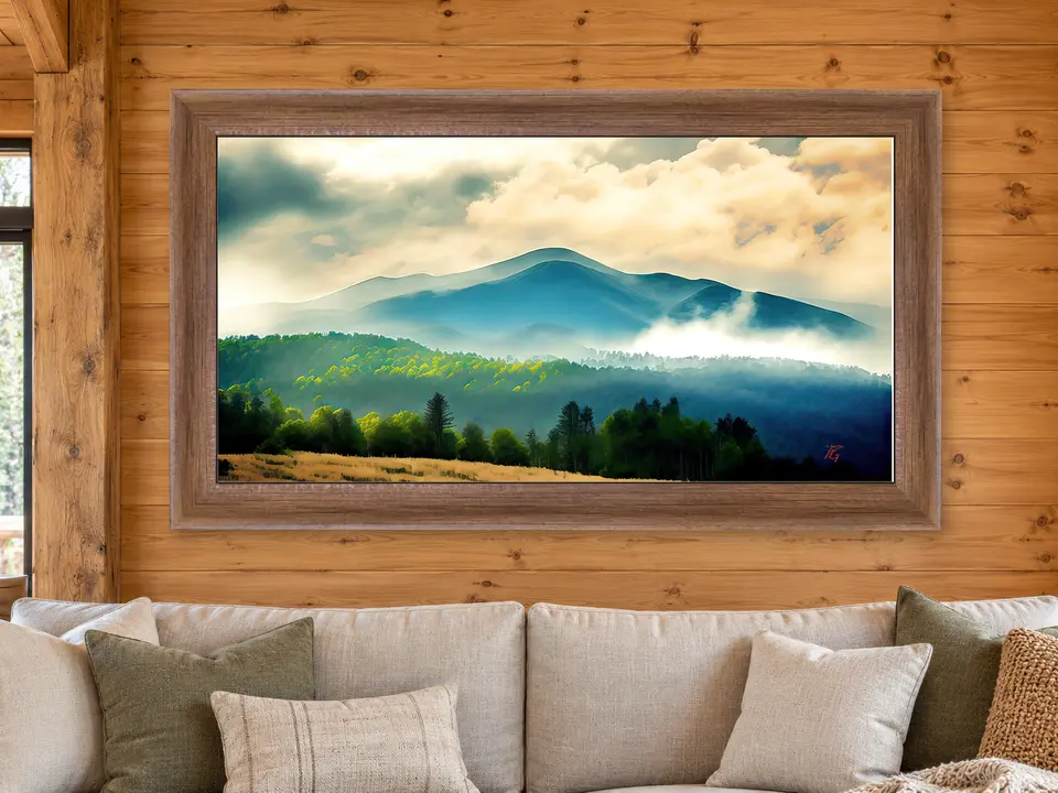 Quiet Wander Mountain Landscape Framed Wall Art framed on a wall