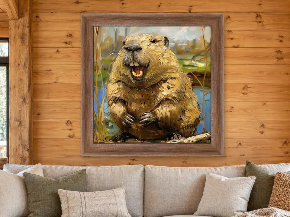 Tender Gathering Beaver Framed Wall Art framed on a wall