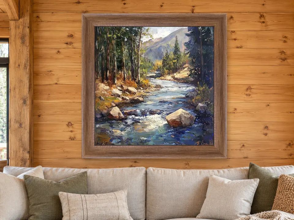 Calm Echo Forest Creek Framed Wall Art framed on a wall