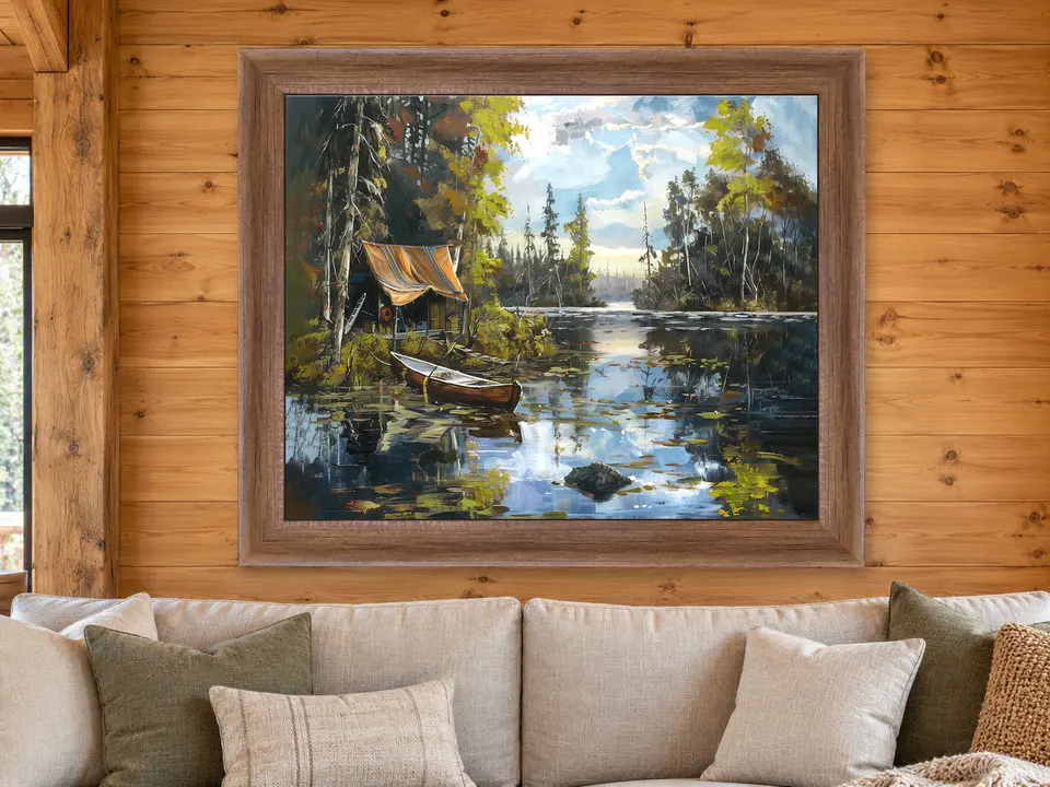 Quiet Memory Fishing Scene Framed Wall Art framed on a wall
