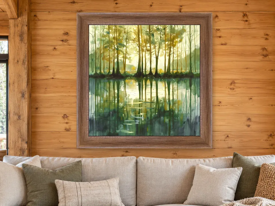 Still Sanctuary Tree Landscape Framed Wall Art framed on a wall