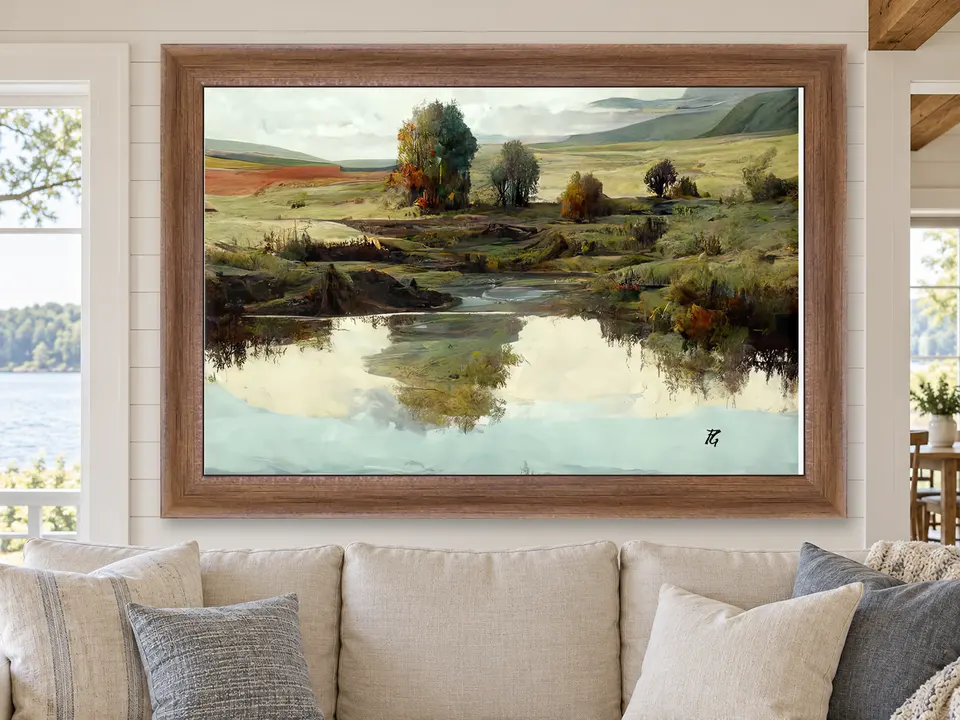 Gentle Harmony Meadow Landscape Framed Wall Art framed on a wall