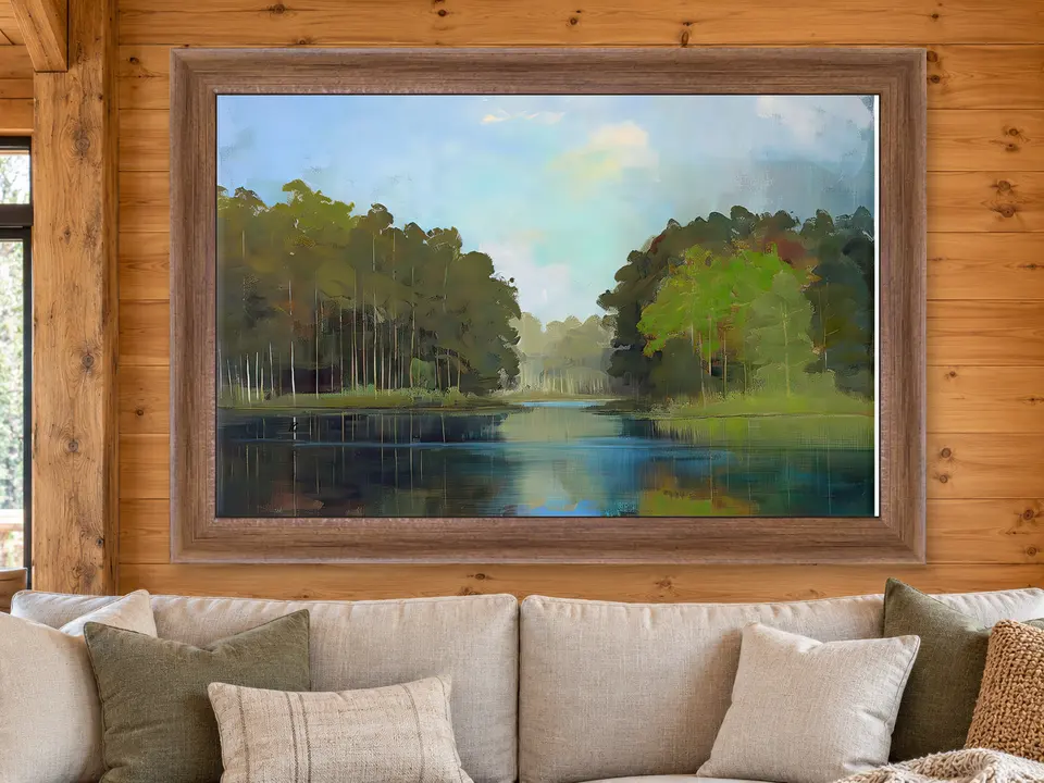 Peaceful Gathering Mountain Landscape Framed Wall Art framed on a wall