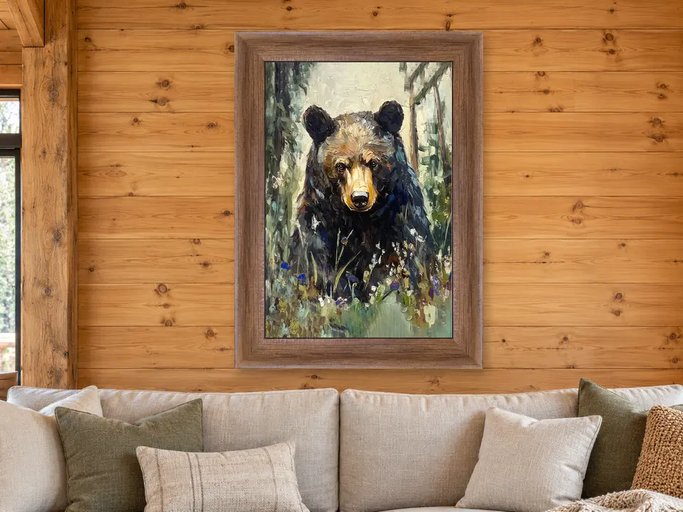 Distant Wonder Black Bear Framed Wall Art framed on a wall