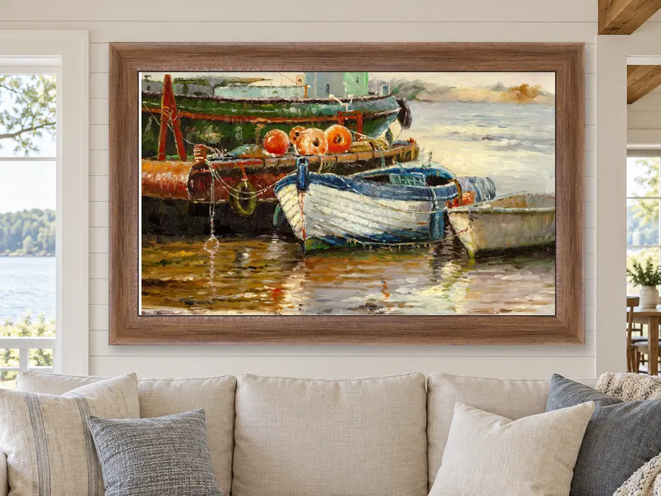 Soft Muse Boat Landscape Framed Wall Art framed on a wall