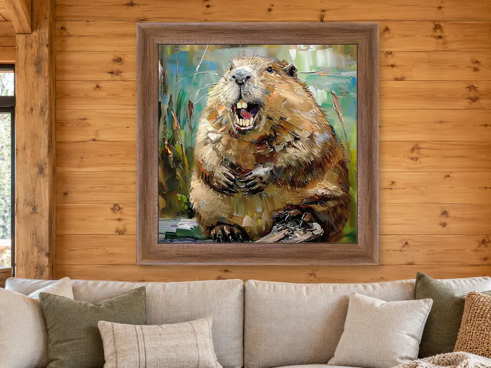 Distant Pause Beaver Framed Wall Art framed on a wall