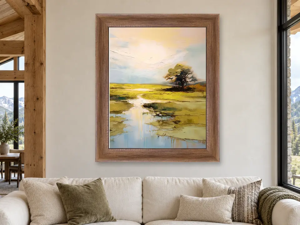 Soft Promise Abstract Landscape Framed Wall Art framed on a wall